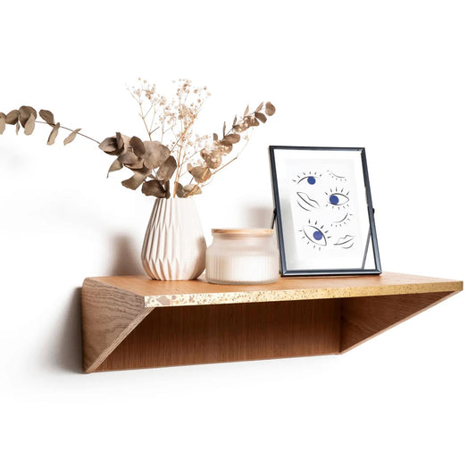 Floating Nightstand Wall Mounted Golden Detail, Modern Walnut Wood Bedside Nightstand, Unique Wall Hanging